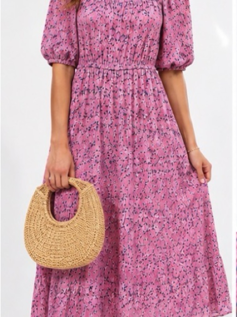 In February Pink Floral Smocked Puff Sleeve Midi Dress NWT Small